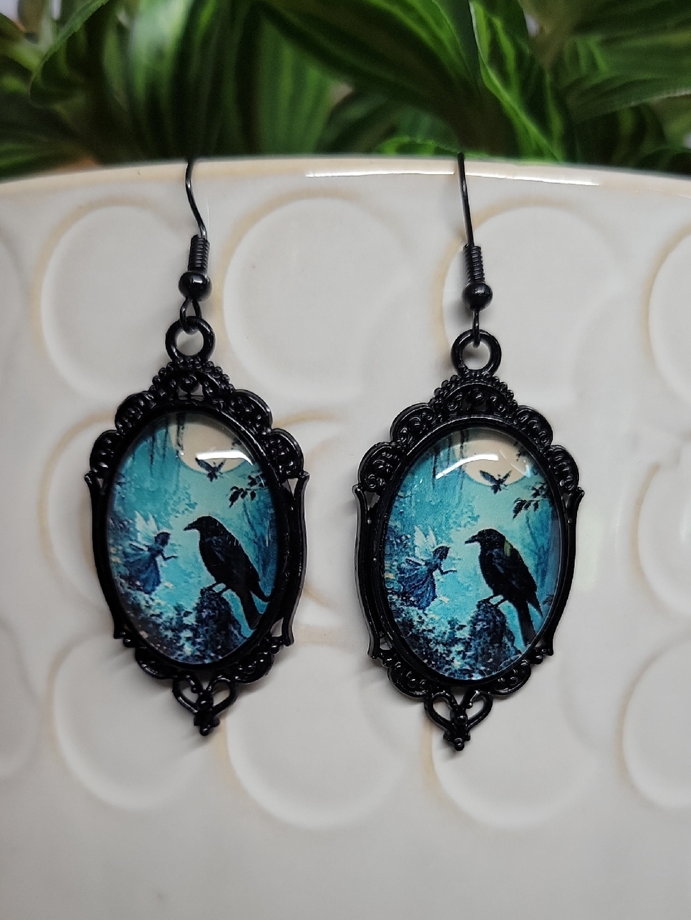 Raven & Fairy Aqua Oval Black Cameo Earrings